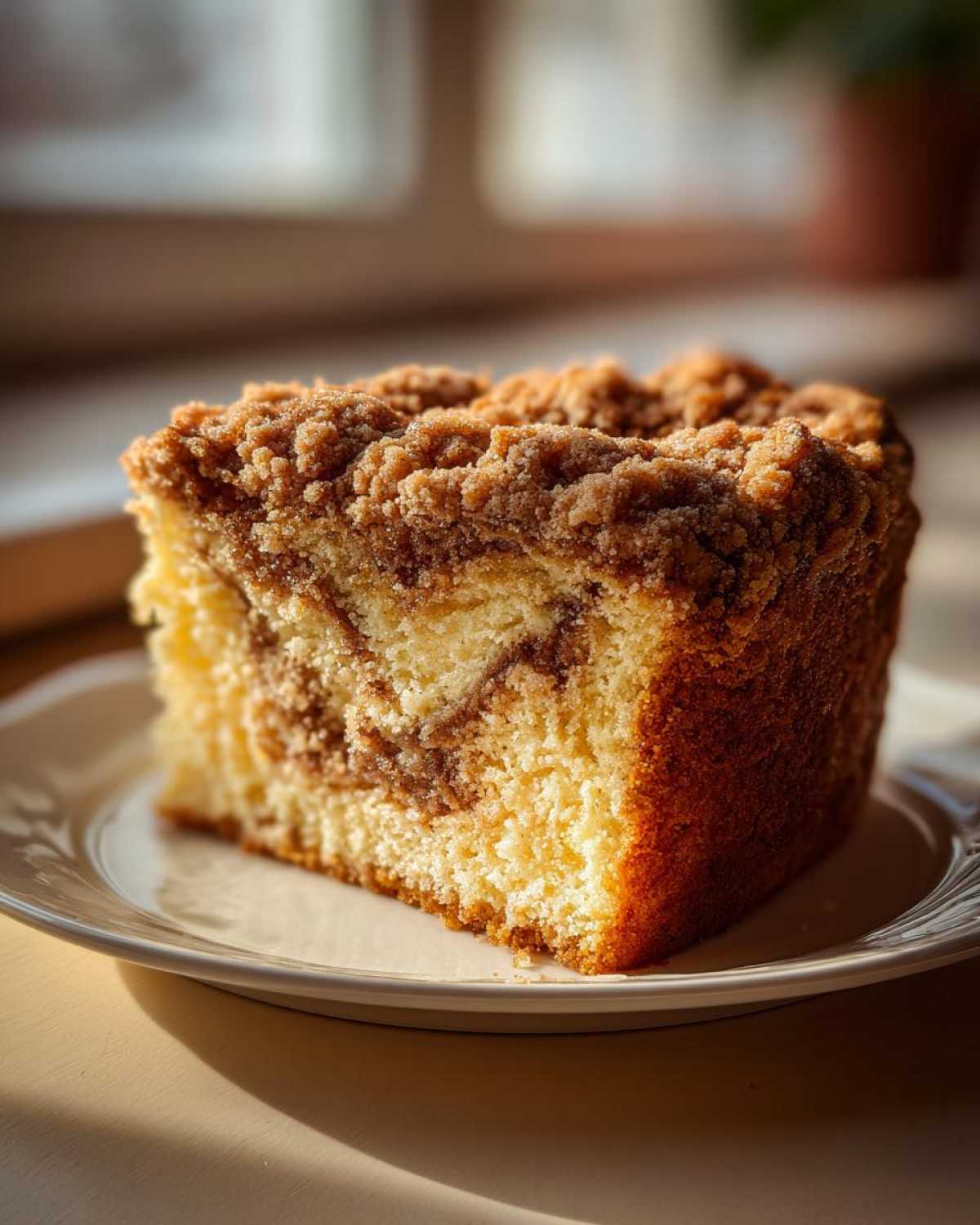 A thick slice of moist coffee cake featuring a rich cinnamon swirl and a generous layer of crumbly streusel topping.