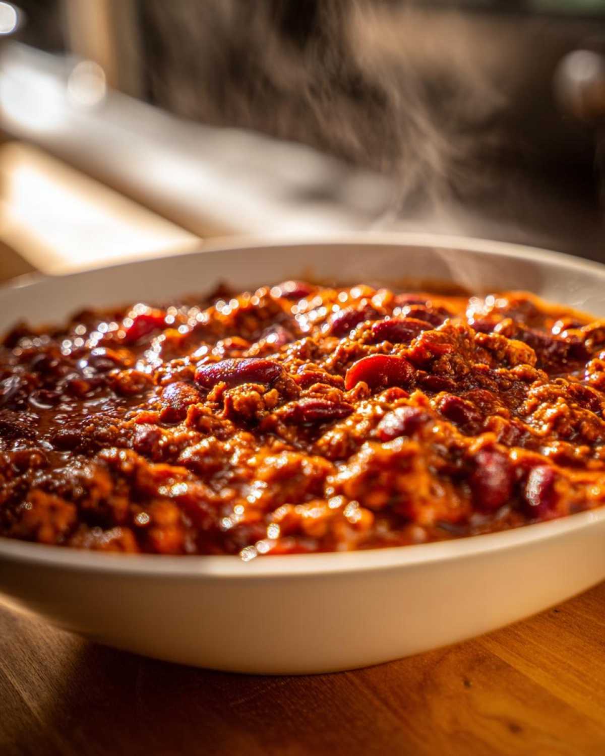 A close-up of a steaming white bowl filled with rich, dark red crockpot chili featuring kidney beans and ground meat.