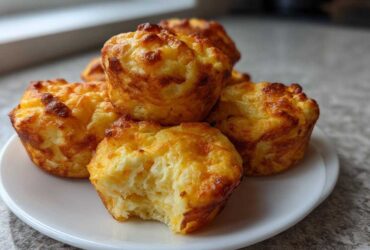 A stack of fluffy, golden brown baked egg bites on a white plate, one bite has a piece taken out.