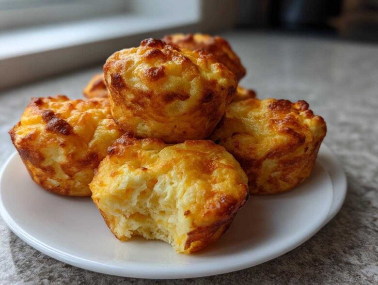 A stack of fluffy, golden brown baked egg bites on a white plate, one bite has a piece taken out.