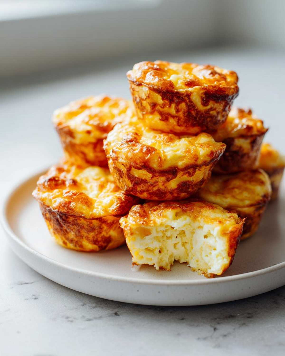 A stack of golden brown, fluffy homemade egg bites on a light plate, with one bite showing the interior texture.
