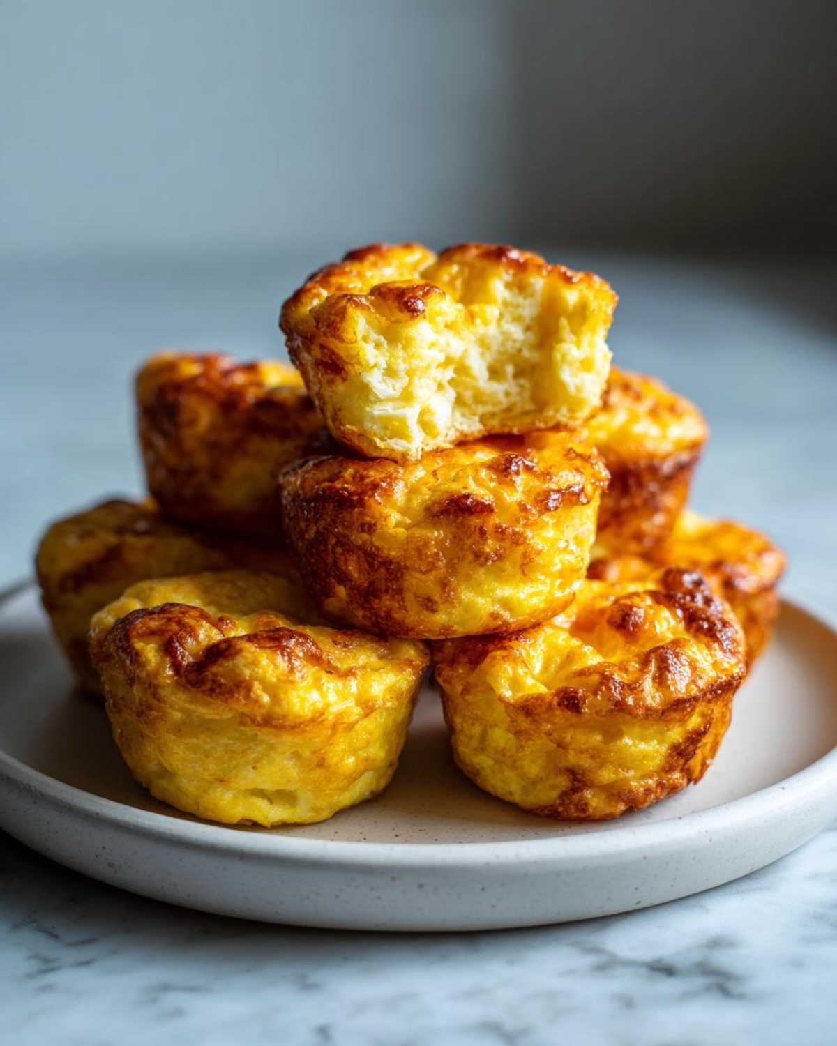 A stack of freshly baked, golden brown egg bites with a fluffy interior visible on the top one.