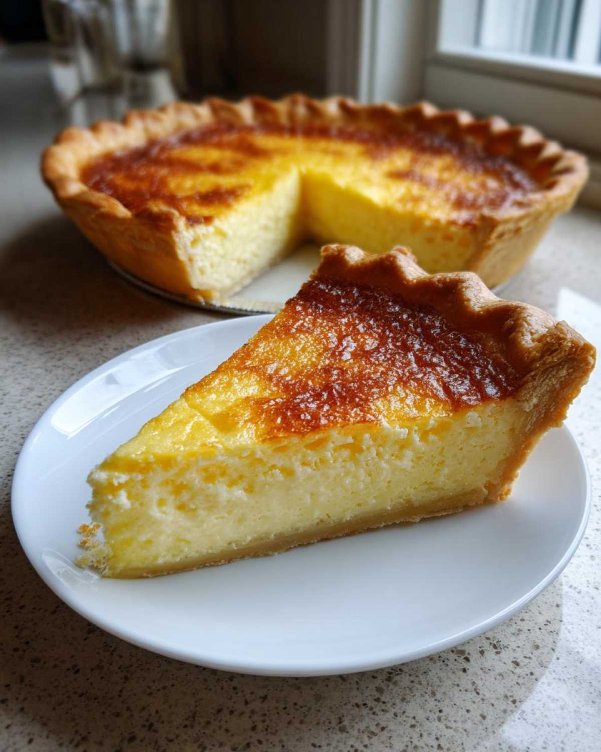 A perfect slice of homemade egg custard pie with a deeply browned top, sitting on a white plate.