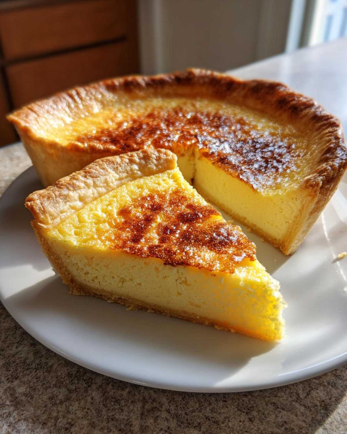 A slice of rich, baked egg custard pie with a golden-brown, slightly caramelized top, next to the remaining egg custard.