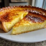 A slice of golden brown egg custard tart resting next to the main tart on a white plate.