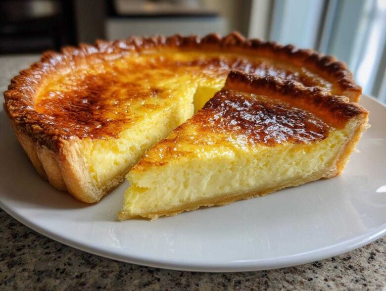 A slice of golden brown egg custard tart resting next to the main tart on a white plate.