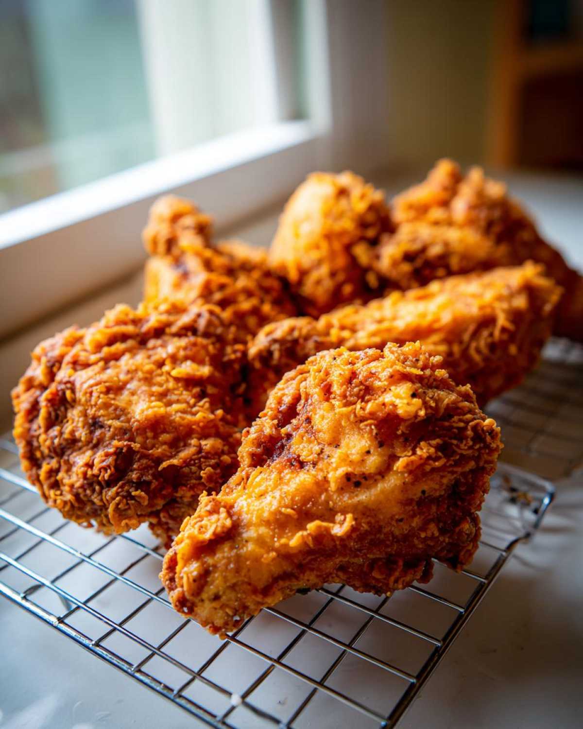 Close-up of several pieces of perfectly crispy, golden brown fried chicken resting on a wire cooling rack.
