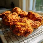 Close-up of several pieces of perfectly crispy, golden brown fried chicken resting on a wire cooling rack.