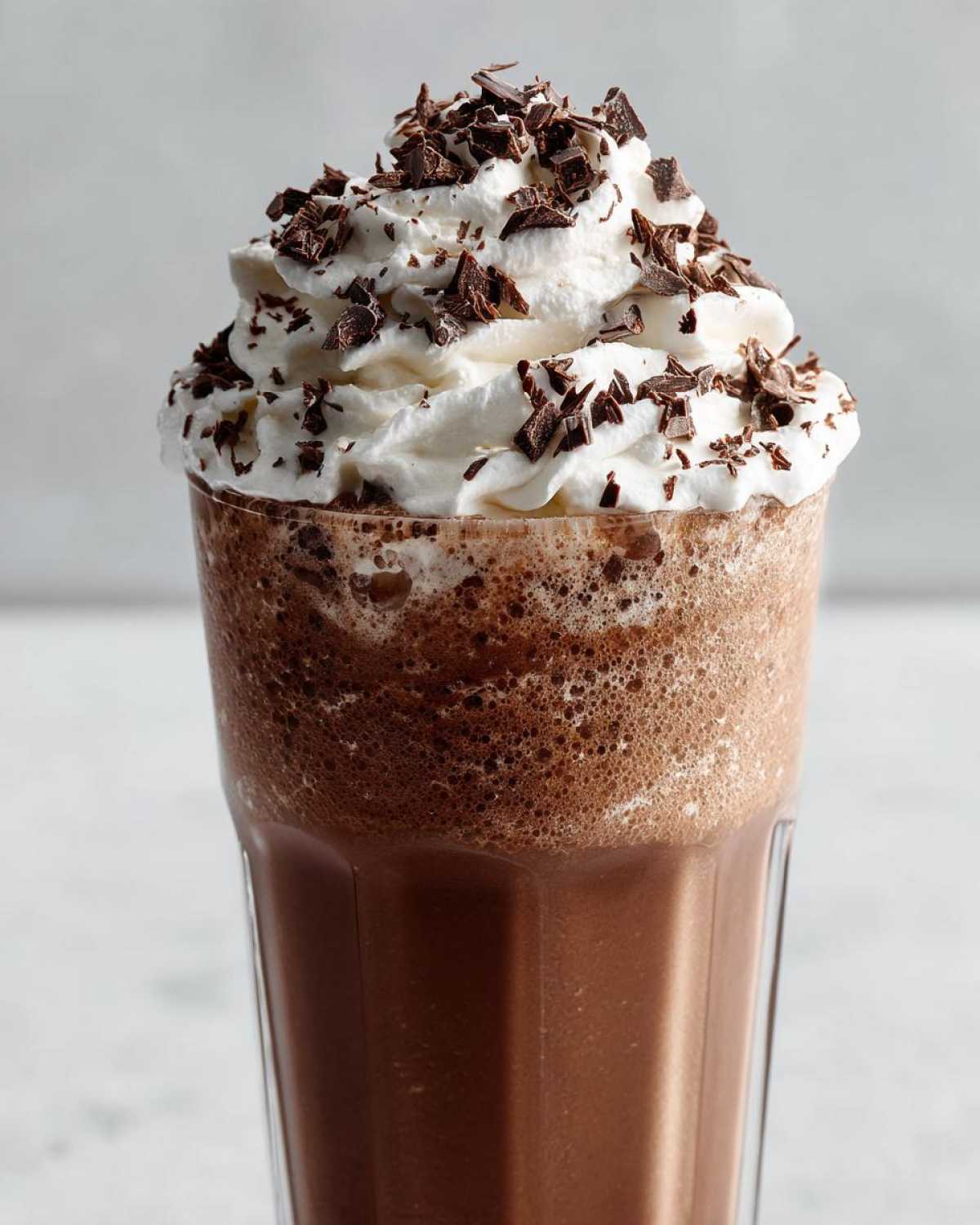 A tall glass filled with amazing frozen hot chocolate topped with whipped cream and chocolate shavings.