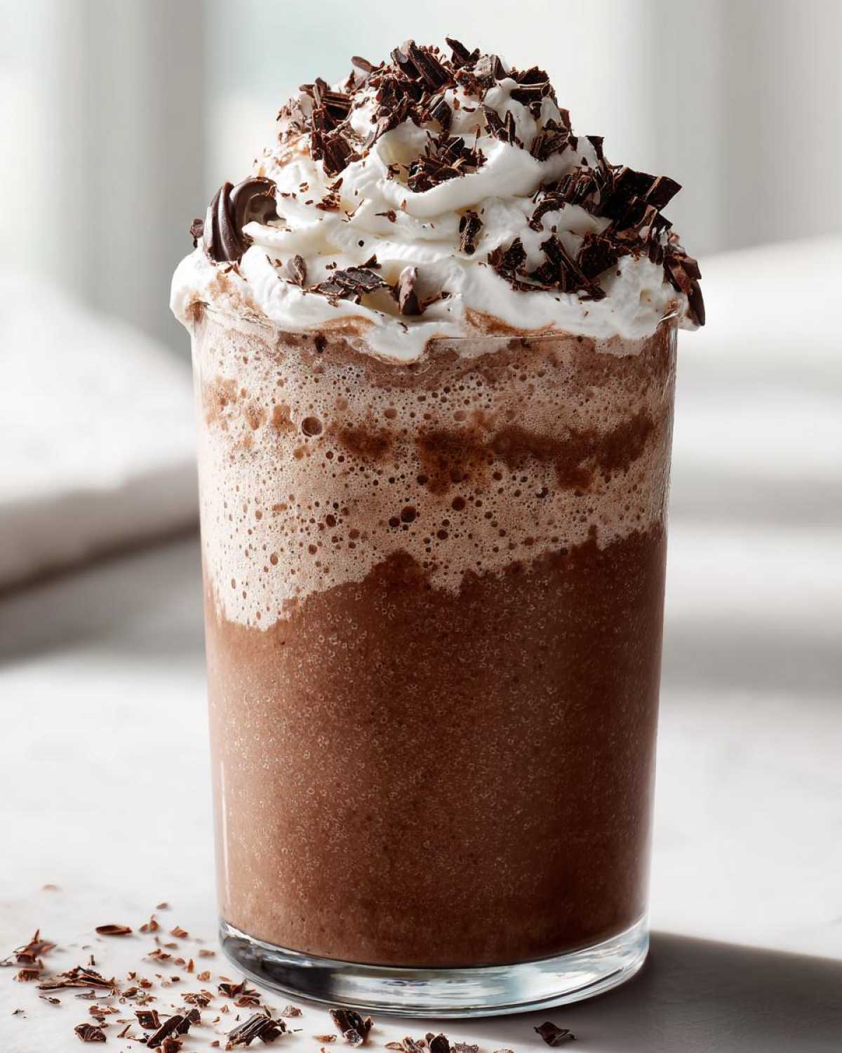 A tall glass of rich frozen hot chocolate topped with whipped cream and chocolate shavings.