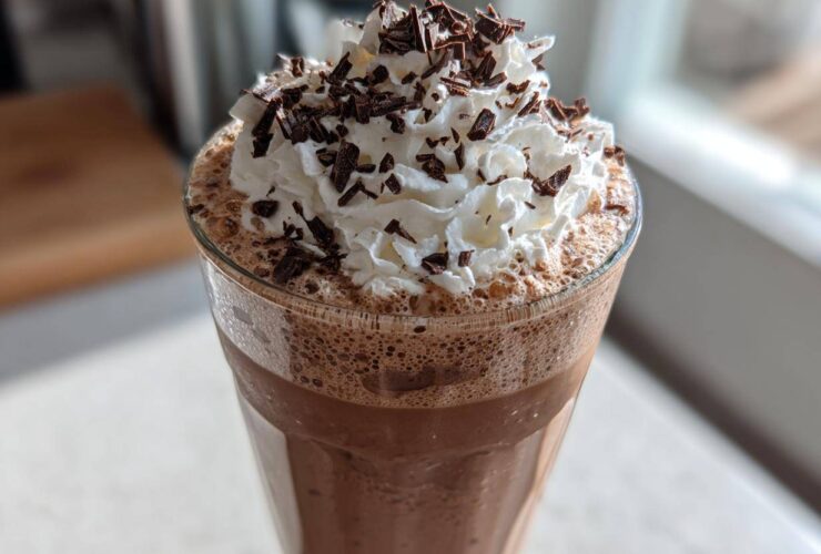 A tall glass of amazing frozen hot chocolate topped with whipped cream and chocolate shavings.