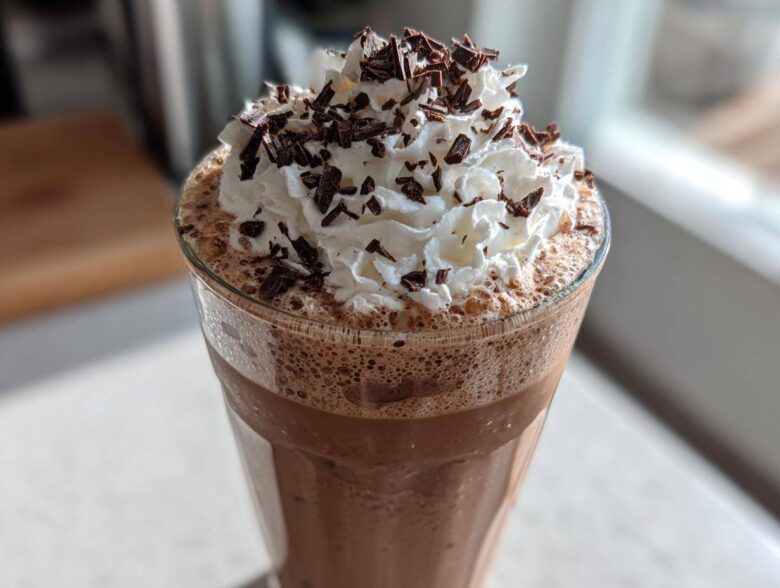 A tall glass of amazing frozen hot chocolate topped with whipped cream and chocolate shavings.