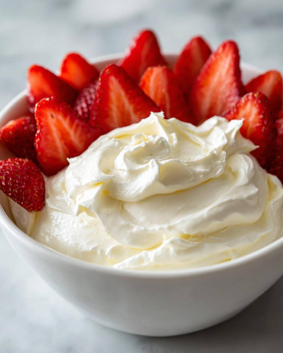 Close-up of a white bowl filled with creamy fruit dip topped with sliced fresh strawberries.