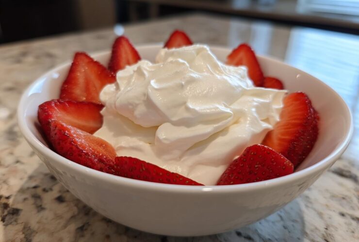 A white bowl filled with creamy fruit dip topped with whipped cream and surrounded by fresh, sliced strawberries.