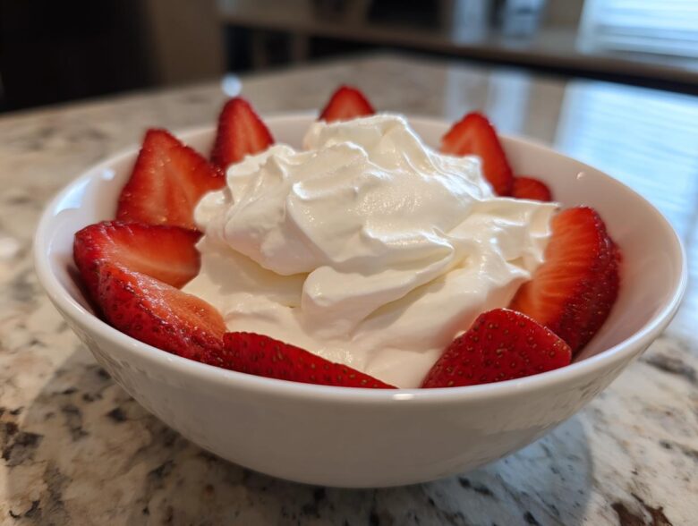 A white bowl filled with creamy fruit dip topped with whipped cream and surrounded by fresh, sliced strawberries.