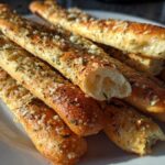 Close-up of golden brown garlic breadsticks topped with herbs and Parmesan cheese, one is broken open.