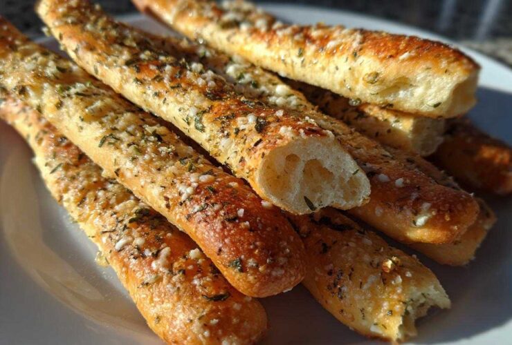Close-up of golden brown garlic breadsticks topped with herbs and Parmesan cheese, one is broken open.