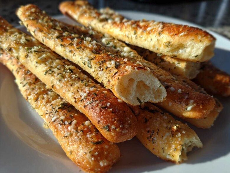Close-up of golden brown garlic breadsticks topped with herbs and Parmesan cheese, one is broken open.