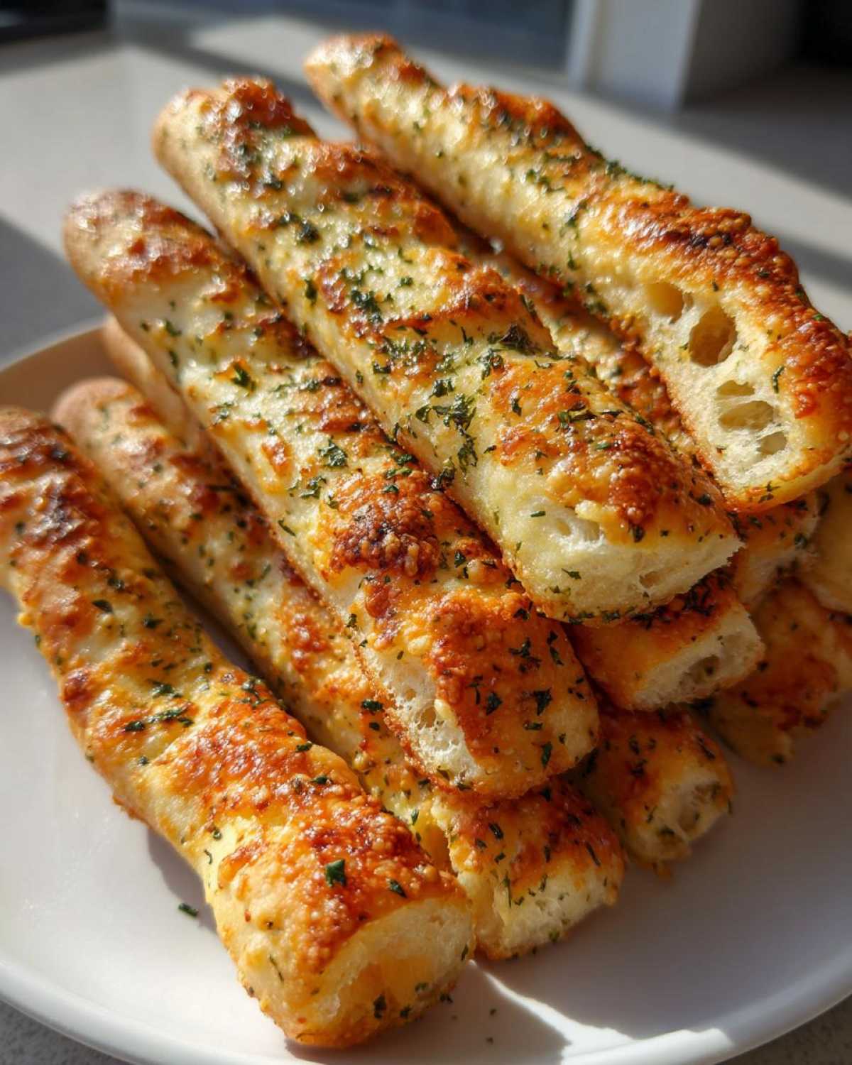 A close-up stack of golden, cheesy, and herbed breadsticks, showcasing their fluffy interior.