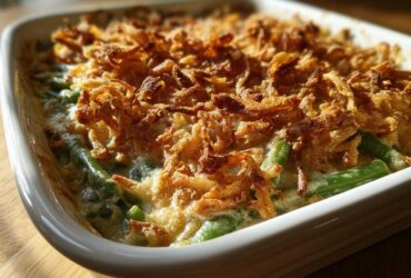 Close-up of a baked green bean casserole topped with a thick layer of golden, crispy fried onions.