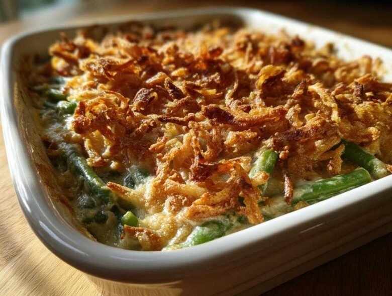 Close-up of a baked green bean casserole topped with a thick layer of golden, crispy fried onions.