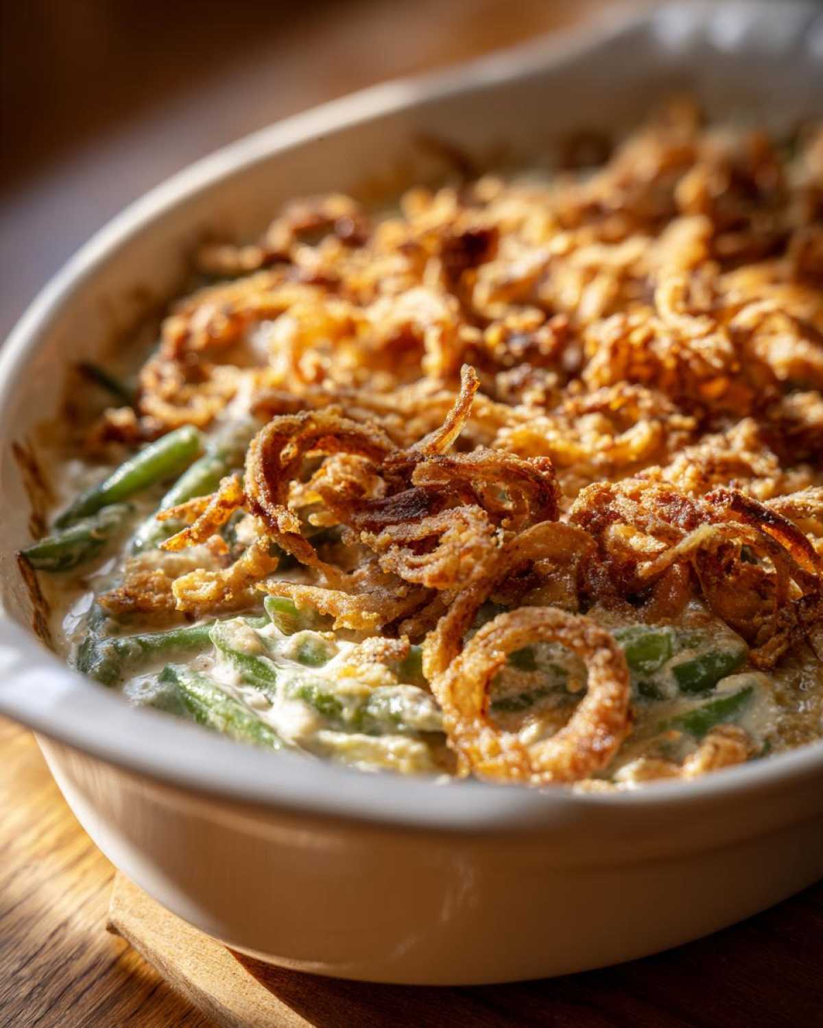 A close-up view of a creamy green bean casserole topped generously with crispy fried onions.