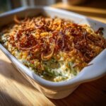 Close-up of a creamy green bean casserole topped with golden, crispy fried onions.