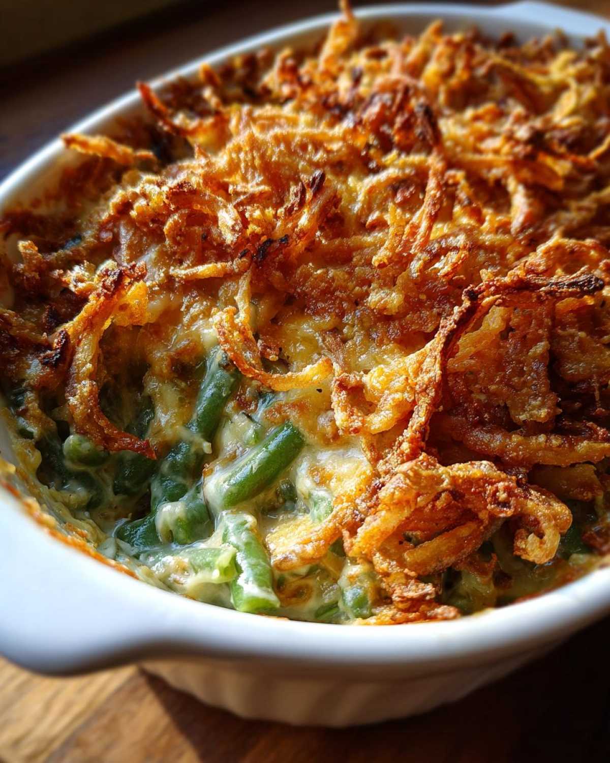 Close-up of a baked green bean casserole topped with golden, crispy fried onions.