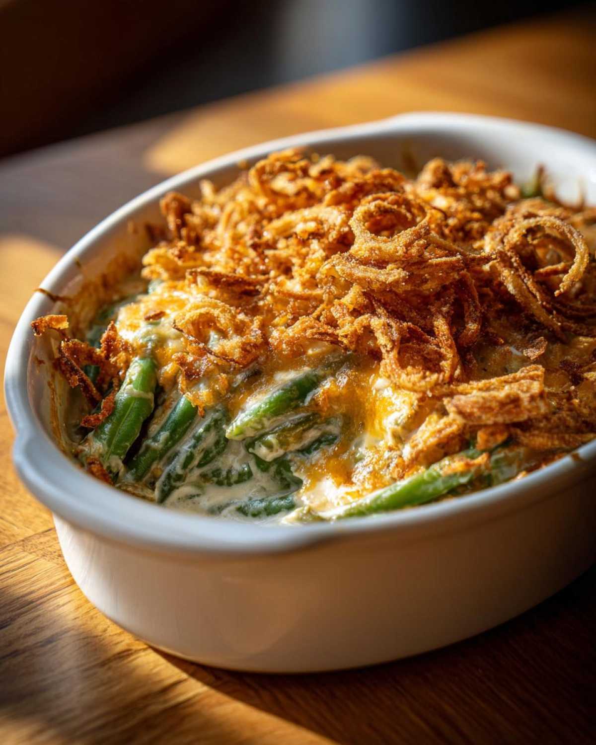 Close-up of a baked green bean casserole topped generously with crispy fried onions.