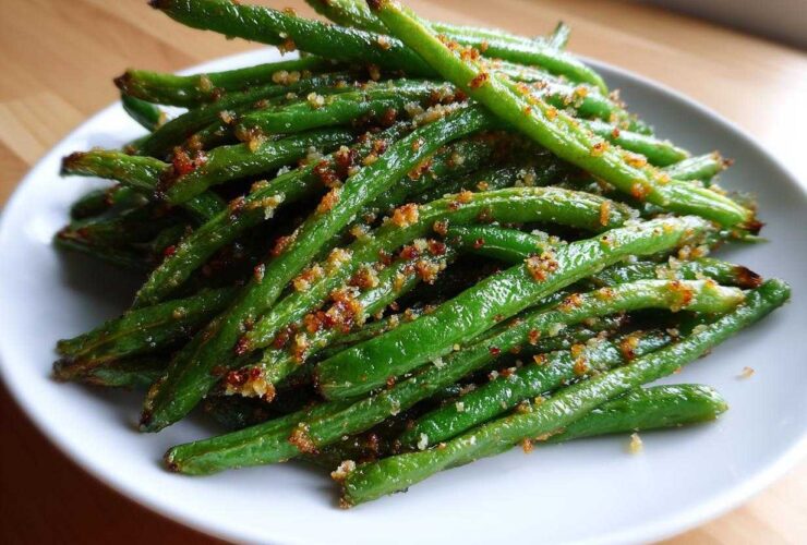 A close-up of bright green beans seasoned and topped with crispy brown breadcrumbs.