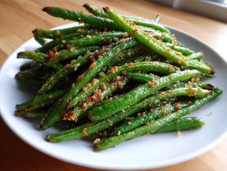 A close-up of bright green beans seasoned and topped with crispy brown breadcrumbs.