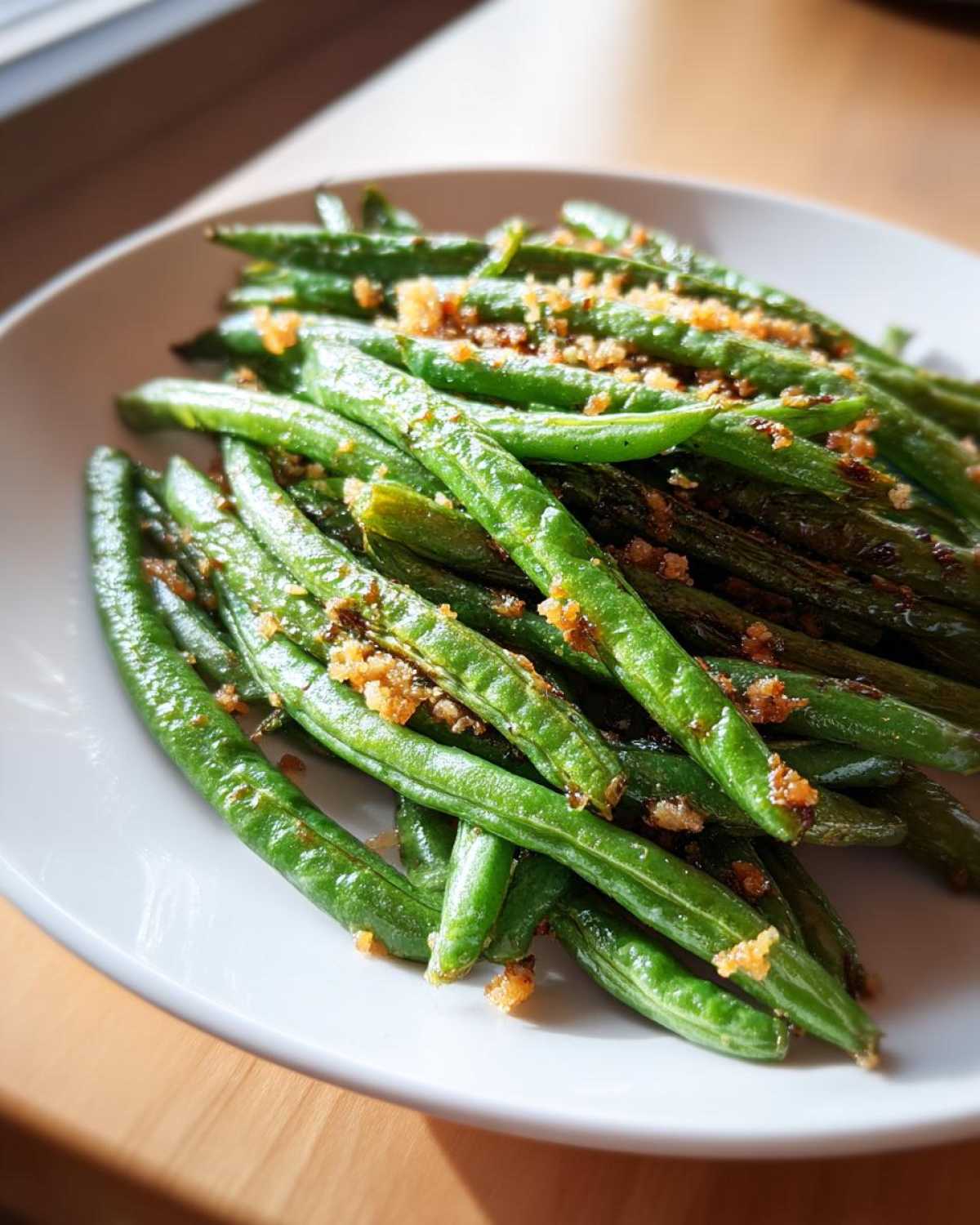 Close-up of bright green beans sautéed and topped with crispy brown garlic or breadcrumbs for an amazing green beans recipe.