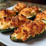 Close-up of several baked jalapeño poppers stuffed with creamy filling and topped with crispy breadcrumbs.