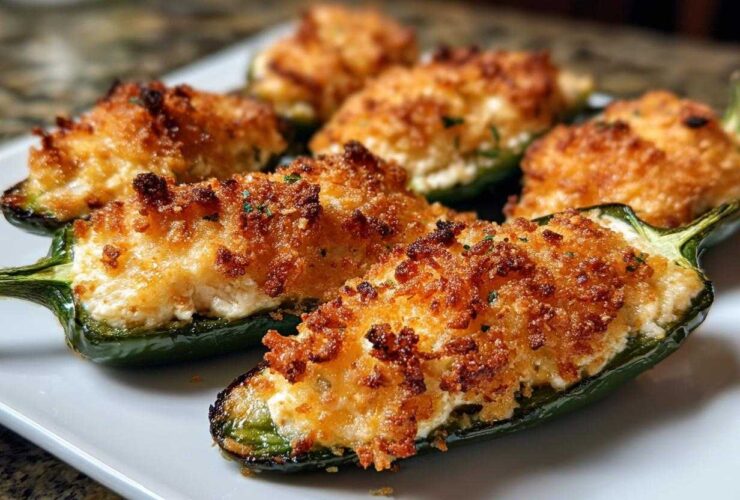 Close-up of several baked jalapeño poppers stuffed with creamy filling and topped with crispy breadcrumbs.