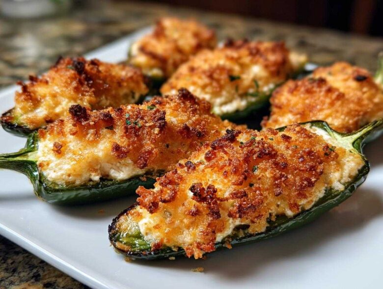 Close-up of several baked jalapeño poppers stuffed with creamy filling and topped with crispy breadcrumbs.
