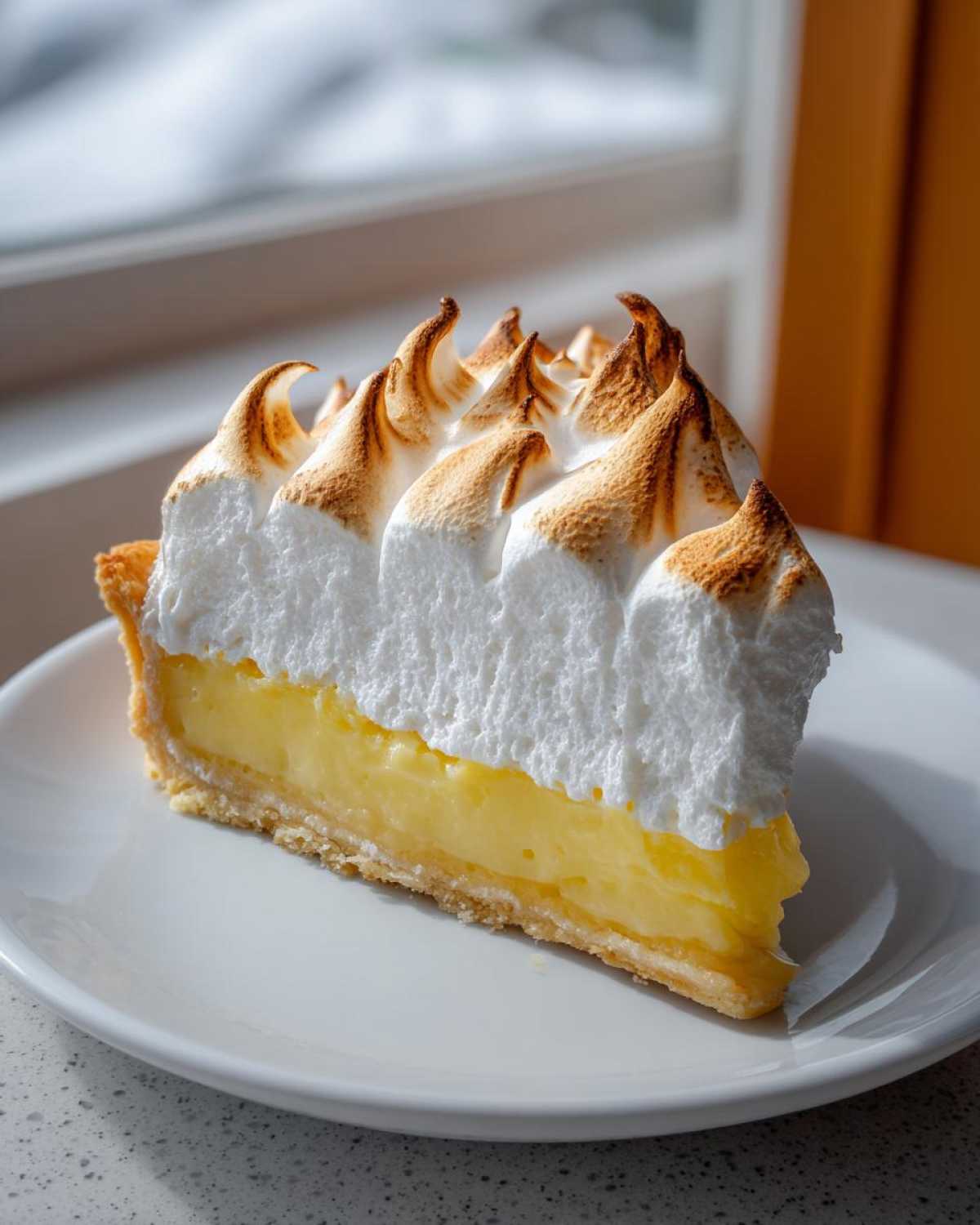 Close-up of a perfect slice of lemon meringue pie showing thick lemon curd and peaks of toasted meringue.