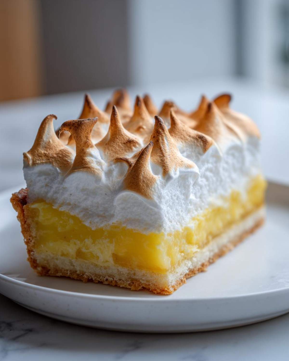 A close-up of a thick slice of lemon meringue pie showing bright yellow filling and tall, toasted meringue peaks.