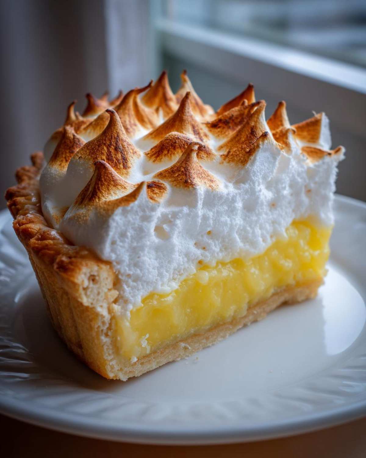 A close-up slice of amazing lemon meringue pie showing bright yellow curd and perfectly torched meringue peaks.