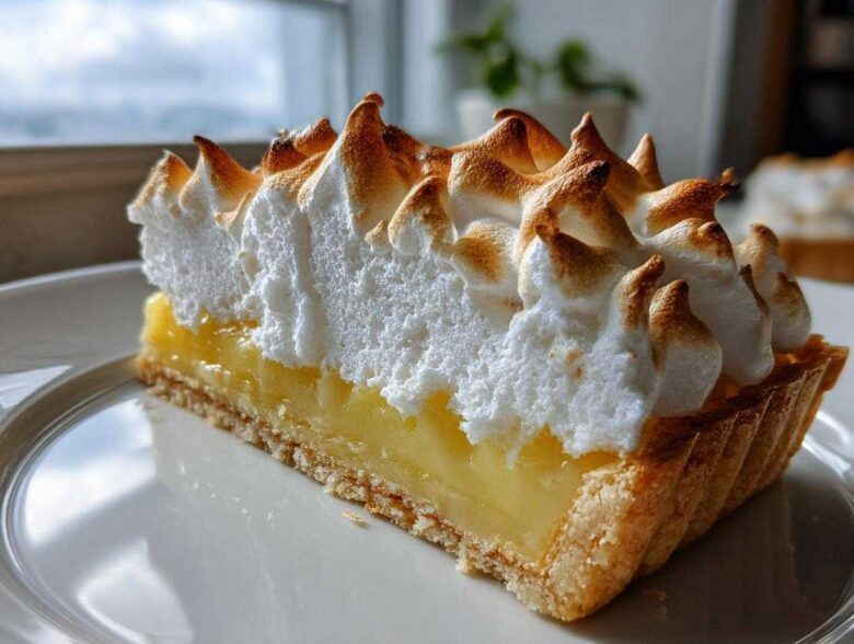 A close-up of a perfect slice of lemon meringue pie showing the crust, bright yellow filling, and tall, torched meringue peaks.