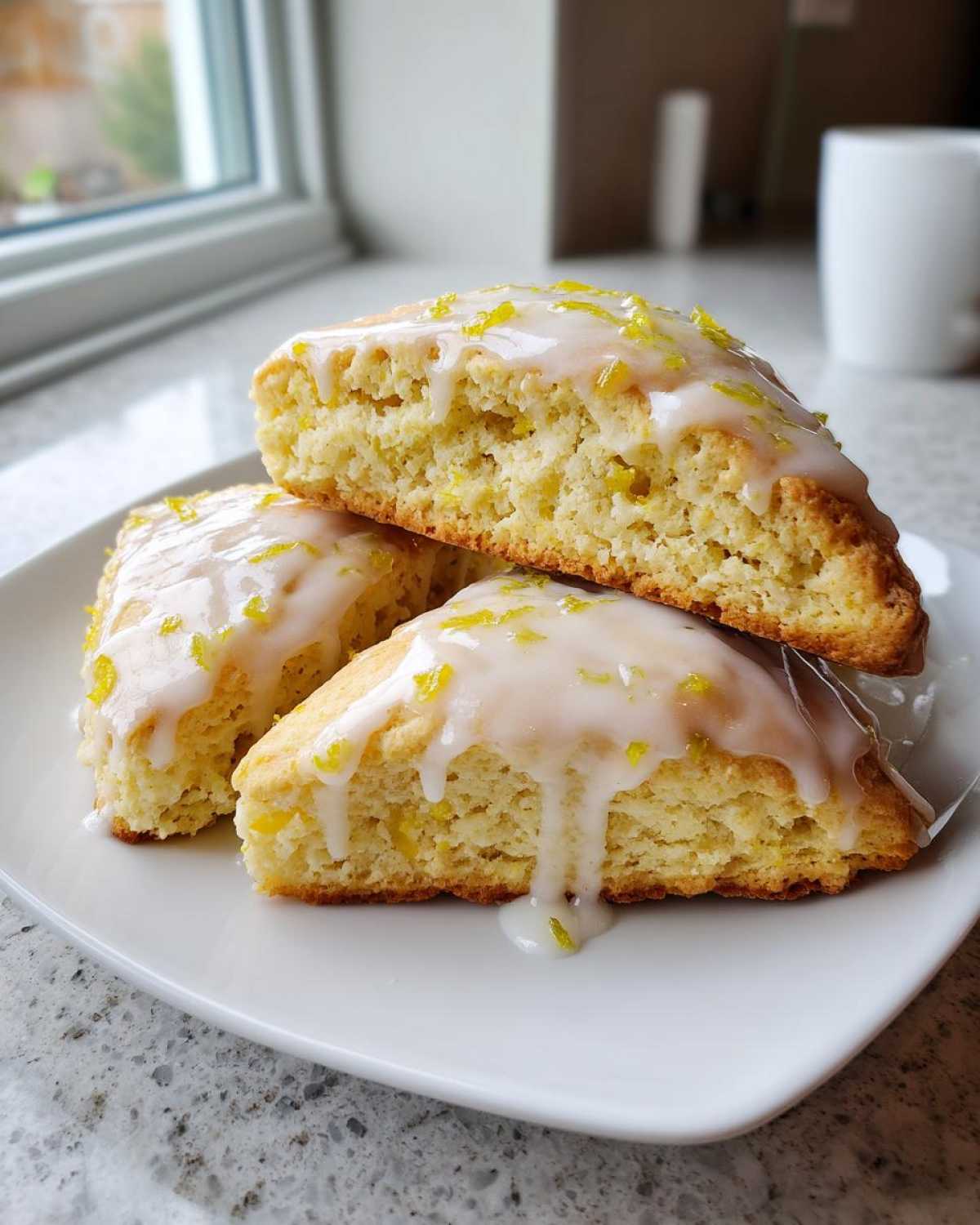 Three triangular lemon scones stacked on a white plate, drizzled with white glaze and topped with bright yellow lemon zest.