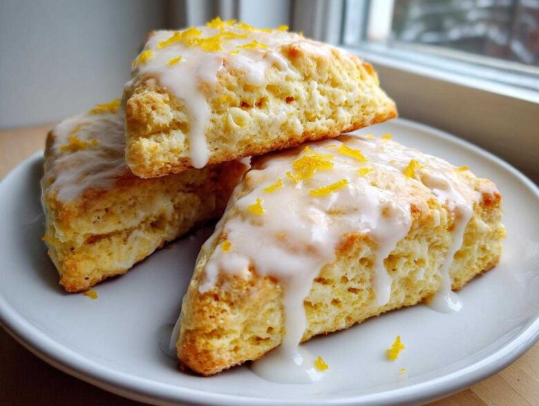 Three triangular lemon scones stacked on a white plate, topped with white glaze and bright yellow lemon zest.
