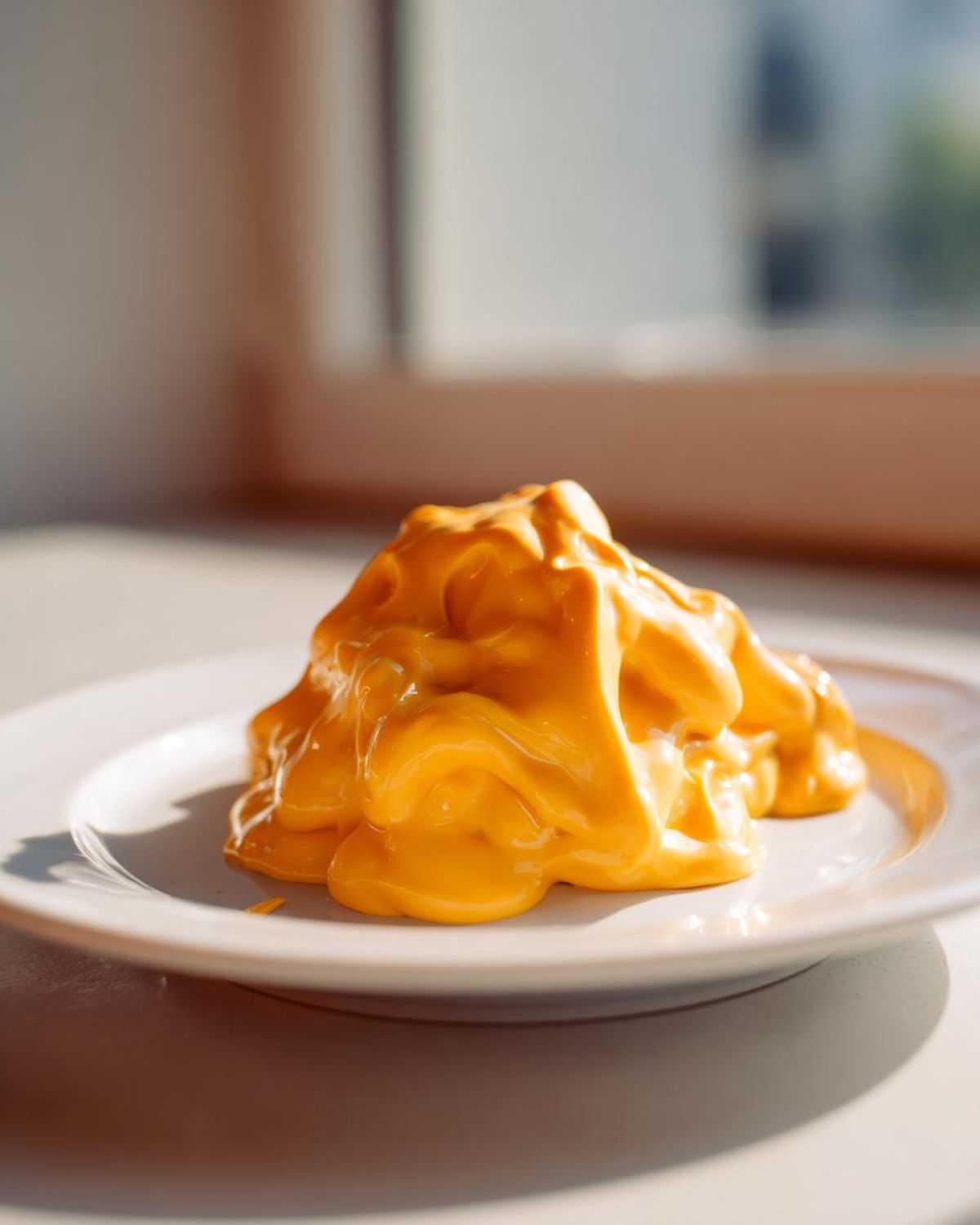 A thick, bright orange mound of homemade nacho cheese sauce sitting on a white plate, catching sunlight.