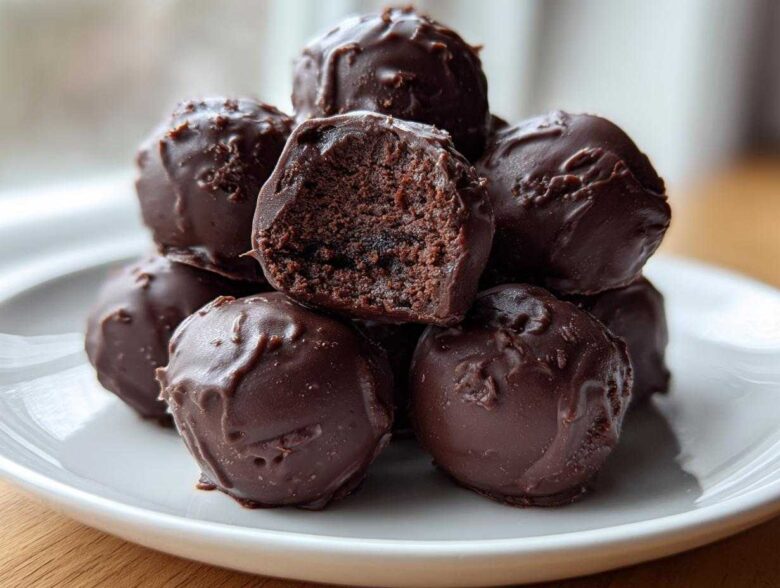 A stack of homemade chocolate coated Oreo balls, with one cut open showing the dark, dense center.