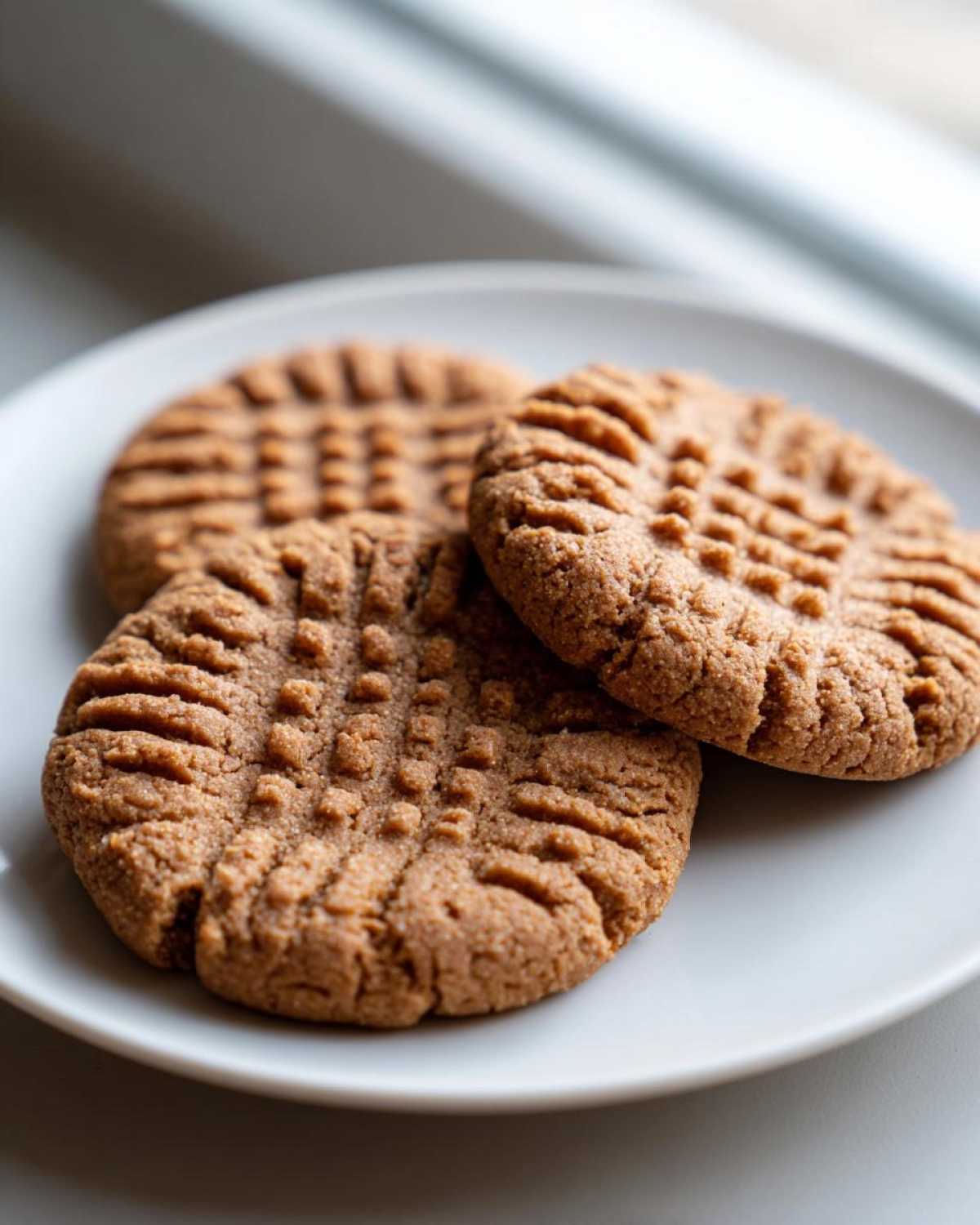 Close-up of three freshly baked peanut butter cookies with classic crosshatch fork marks on a white plate.
