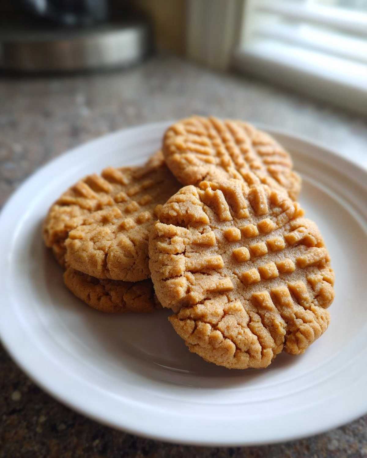 A stack of three classic peanut butter cookies showing the traditional crisscross fork marks on a white plate.