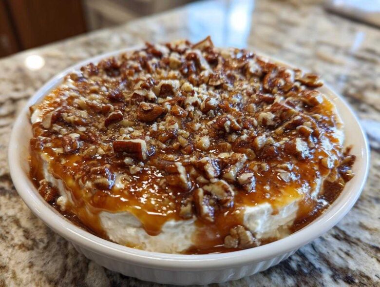 A close-up of the amazing pecan pie dip, featuring a creamy base topped with gooey caramel sauce and chopped pecans.