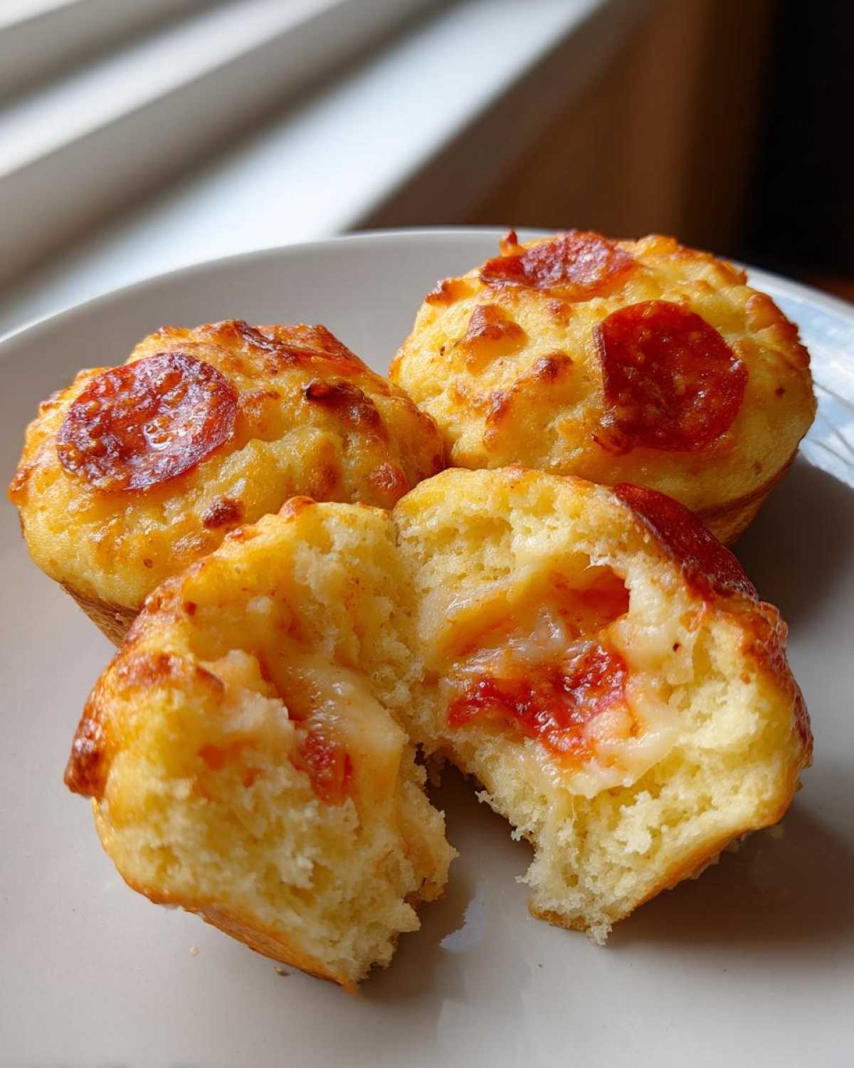 Three golden-brown pizza muffins on a plate, one broken open revealing melted cheese and sauce inside.