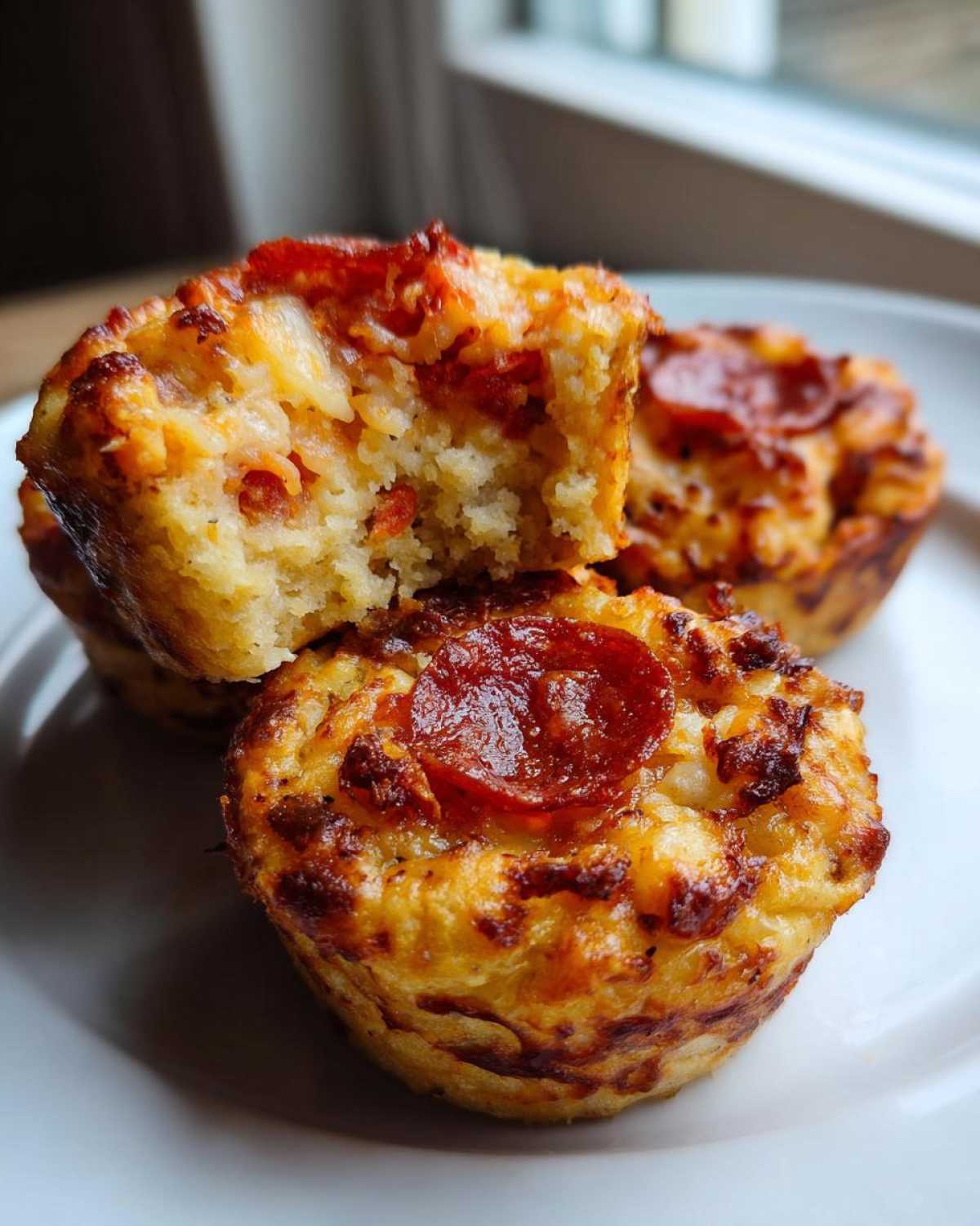 Close-up of three golden-brown pizza muffins on a white plate, one is broken open showing the cheesy interior.