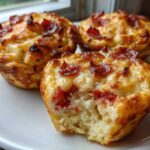 Three golden-brown pizza muffins on a white plate, one with a bite taken out showing the soft interior.