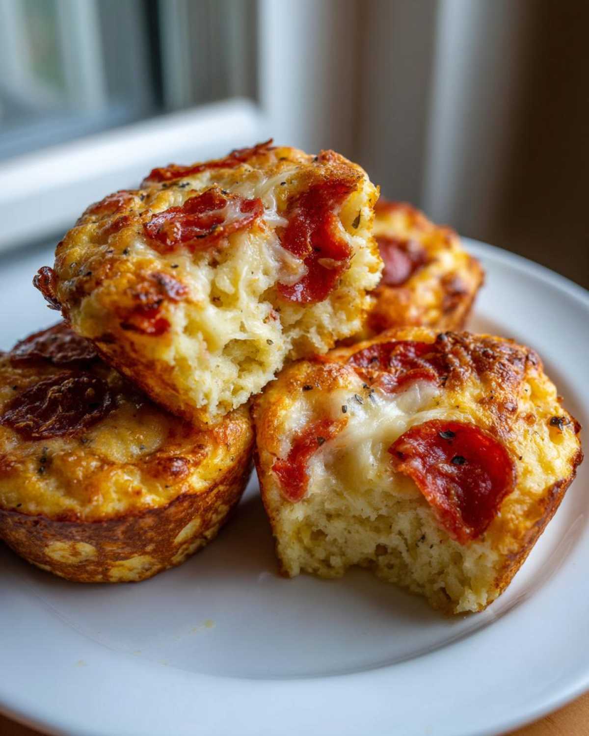 A stack of three golden-brown pizza muffins, one broken open to show the cheesy interior and pepperoni topping.